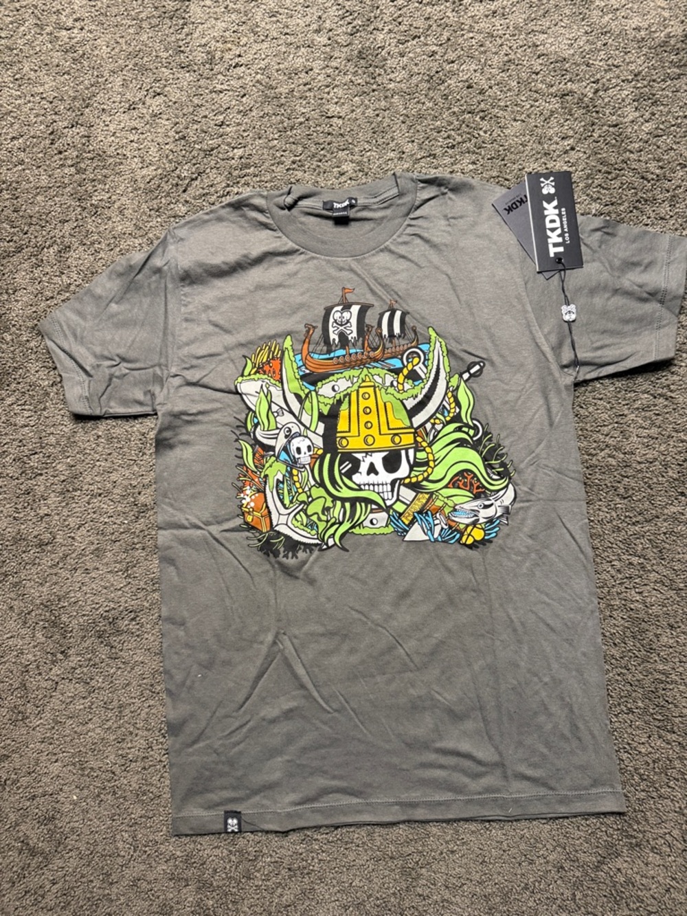 tokidoki Gray Tee with Neon Viking Skull Graphic